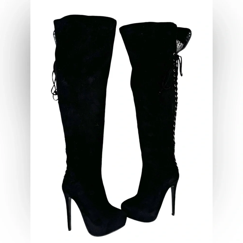 Steve Madden Ladysnte Lace Up Thigh High Boots Platform Black Faux Suede SZ 6.5